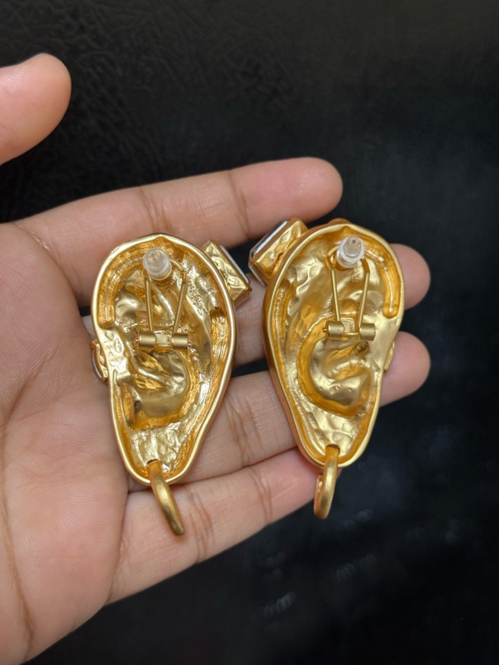 Schiaparelli Inspired Gold Ear-Shaped Crystal Statement Earrings - Picture 4 of 4